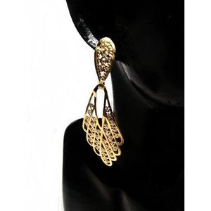 Solid 14k Yellow Gold Filigree Dangle Drop Post Earrings 35mm